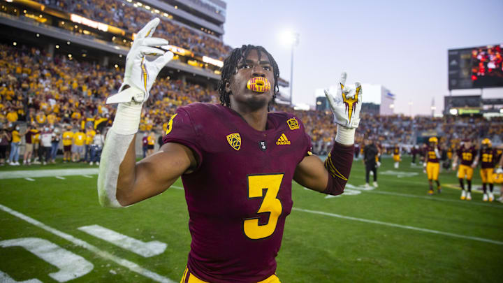 Nov 27, 2021; Tempe, Arizona, USA; Arizona State Sun Devils running back Rachaad White (3) reacts following the game against the Arizona Wildcats at Sun Devil Stadium. Mandatory Credit: Mark J. Rebilas-Imagn Images