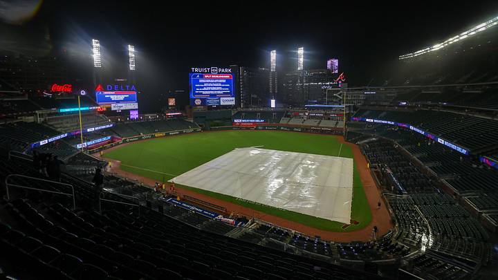 Rain is coming down at Truist Park during Sunday's Braves game Rain is coming down at Truist Park during Sunday's Braves game