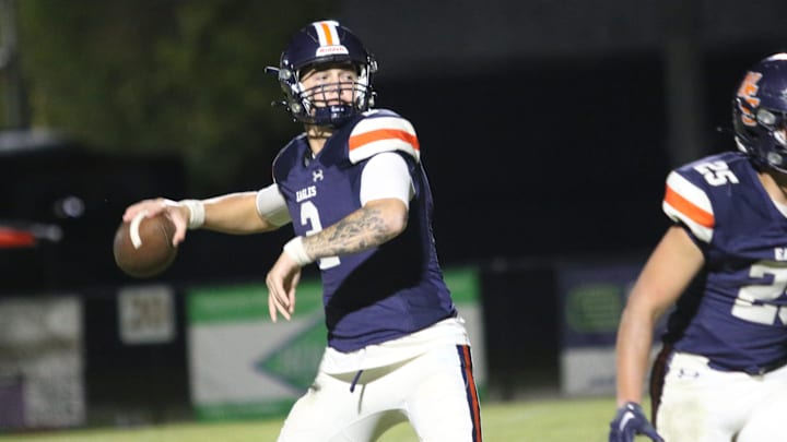 Nashville Christian quarterback Jared Curtis (2) drops back to throw the ball in the red zone against Fayetteville during the first quarter of their TSSAA football game Friday, Oct. 18, 2024 at Nashville Christian School in Nashville, Tennessee.