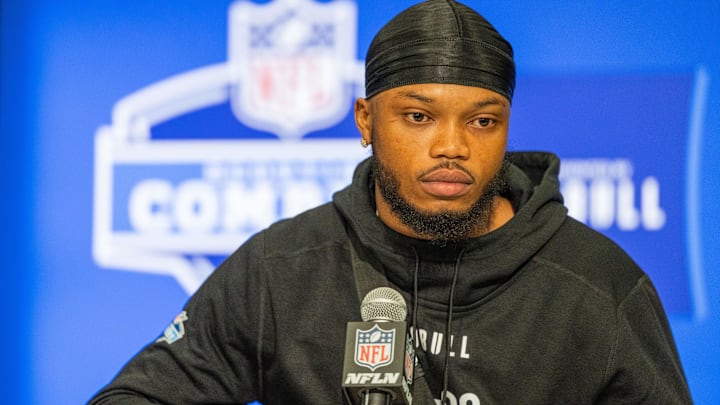 Mar 1, 2024; Indianapolis, IN, USA; Oregon wide receiver Troy Franklin (WO08) talks to the media during the 2024 NFL Combine at Lucas Oil Stadium. Mandatory Credit: Trevor Ruszkowski-Imagn Images Mar 1, 2024; Indianapolis, IN, USA; Oregon wide receiver Troy Franklin (WO08) talks to the media during the 2024 NFL Combine at Lucas Oil Stadium. Mandatory Credit: Trevor Ruszkowski-Imagn Images