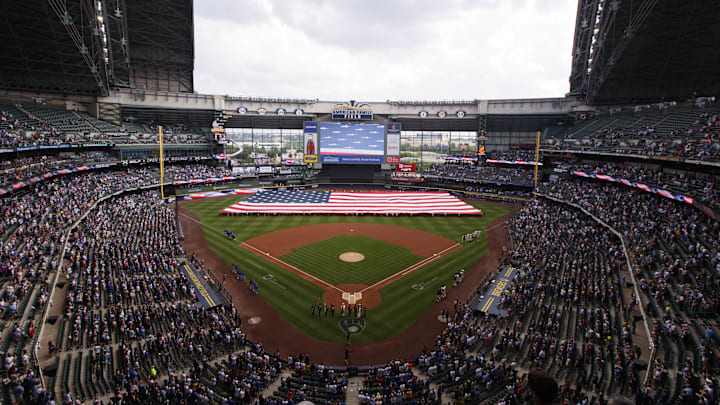 Jul 4, 2023; Milwaukee, Wisconsin, USA;  General view of American Family Field during the national anthem prior to the game between the Chicago Cubs and Milwaukee Brewers. Mandatory Credit: Jeff Hanisch-Imagn Images