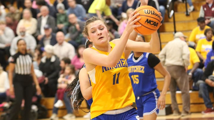 Franklin's Cecilie Brandimore gets the ball in the post against Centennial during their girls basketball game Friday, Feb. 7, 2025 at Franklin High in Franklin, Tennessee. Both teams wore the jerseys of Natchez High, the city of Franklin's former all-Black high school.