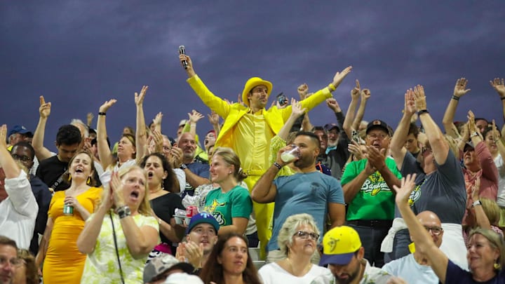 Savannah Bananas owner Jesse Cole celebrates with the fans during the first game of the Banana Ball Championship series on Thursday, October 2, 2025 at Historic Grayson Stadium.