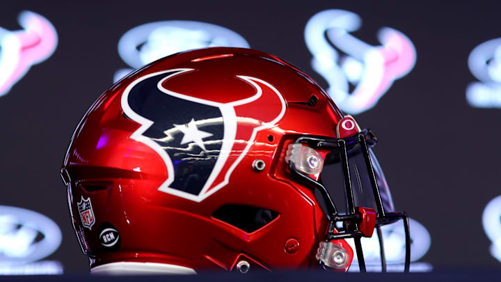Feb 2, 2023; Houston, TX, USA; A detail shot of a Houston Texans helmet prior to a press conference introducing Demeco Ryans as head coach at NRG Stadium. Feb 2, 2023; Houston, TX, USA; A detail shot of a Houston Texans helmet prior to a press conference introducing Demeco Ryans as head coach at NRG Stadium.