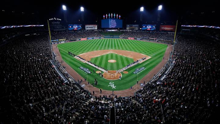 Oct 10, 2021; Chicago, Illinois, USA; A general view during the playing of the national anthem before game three of the 2021 ALDS between the Houston Astros and the Chicago White Sox at Guaranteed Rate Field. Mandatory Credit: Kamil Krzaczynski-USA TODAY Sports Oct 10, 2021; Chicago, Illinois, USA; A general view during the playing of the national anthem before game three of the 2021 ALDS between the Houston Astros and the Chicago White Sox at Guaranteed Rate Field. Mandatory Credit: Kamil Krzaczynski-USA TODAY Sports