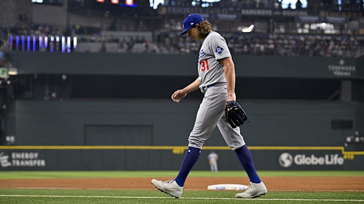 Apr 20, 2025; Arlington, Texas, USA; Los Angeles Dodgers starting pitcher Tyler Glasnow (31) comes off the field during the game between the Texas Rangers and the Los Angeles Dodgers at Globe Life Field. Mandatory Credit: Jerome Miron-Imagn Images