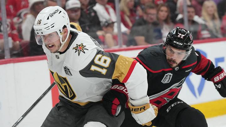 Jun 4, 2026; Raleigh, North Carolina, USA; Vegas Golden Knights right wing Pavel Dorofeyev (16) battles for the puck against Carolina Hurricanes center Logan Stankoven (22) during the second period in game two of the 2026 Stanley Cup Final at Lenovo Center. Mandatory Credit: James Guillory-Imagn Images Jun 4, 2026; Raleigh, North Carolina, USA; Vegas Golden Knights right wing Pavel Dorofeyev (16) battles for the puck against Carolina Hurricanes center Logan Stankoven (22) during the second period in game two of the 2026 Stanley Cup Final at Lenovo Center. Mandatory Credit: James Guillory-Imagn Images