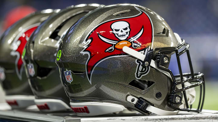 Oct 20, 2025; Detroit, Michigan, USA; The Tampa Bay Buccaneers helmet Mandatory Credit: David Reginek-Imagn Images