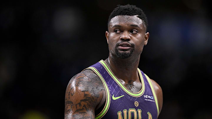 Feb 21, 2025; Dallas, Texas, USA; New Orleans Pelicans forward Zion Williamson (1) looks on during the second quarter against the Dallas Mavericks at the American Airlines Center. Mandatory Credit: Jerome Miron-Imagn Images