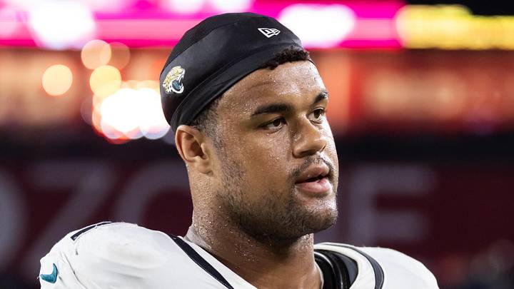 Nov 23, 2025; Glendale, Arizona, USA; Jacksonville Jaguars defensive tackle Arik Armstead (91) against the Arizona Cardinals at State Farm Stadium.