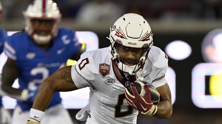 Sep 28, 2024; Dallas, Texas, USA; Florida State Seminoles wide receiver Ja'Khi Douglas (0) in action during the game between the Southern Methodist Mustangs and the Florida State Seminoles at Gerald J. Ford Stadium. Mandatory Credit: Jerome Miron-Imagn Images