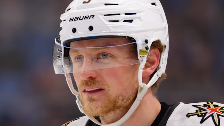 Mar 15, 2025; Buffalo, New York, USA;  Vegas Golden Knights center Jack Eichel (9) during a stoppage in play against the Buffalo Sabres at KeyBank Center. Mandatory Credit: Timothy T. Ludwig-Imagn Images