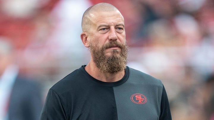 August 23, 2025; Santa Clara, California, USA; San Francisco 49ers run game coordinator/tight ends coach Brian Fleury before the game against the Los Angeles Chargers at Levi's Stadium. Mandatory Credit: Kyle Terada-Imagn Images