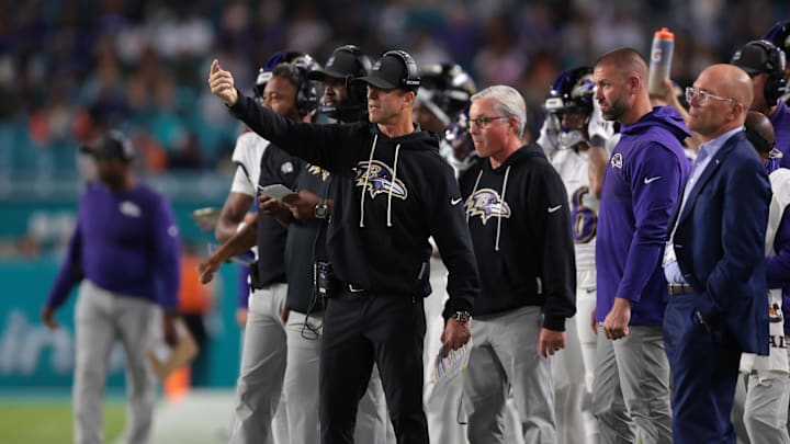 Oct 30, 2025; Miami Gardens, Florida, USA; Baltimore Ravens head coach John Harbaugh stands on the sidelines during the third quarter against the Miami Dolphins at Hard Rock Stadium. Mandatory Credit: Sam Navarro-Imagn Images