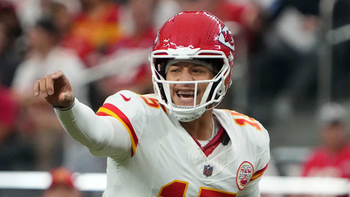 Oct 27, 2024; Paradise, Nevada, USA;  Kansas City Chiefs quarterback Patrick Mahomes (15) gestures against the Las Vegas Raiders in the first half at Allegiant Stadium. Mandatory Credit: Kirby Lee-Imagn Images