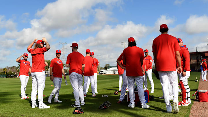 Feb 12, 2025; Clearwater, FL, USA;  Members  of the Philadelphia Phillies prepare to workout during spring training at Carpenter Complex.