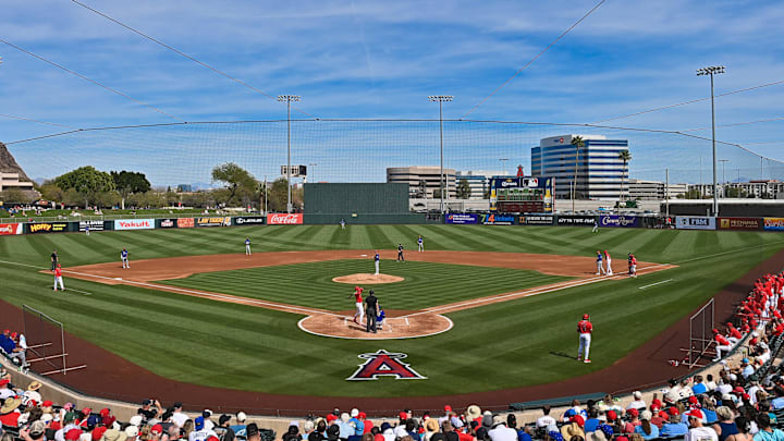 Feb 23, 2026; Tempe, Arizona, USA; General view of a spring training game between the Los Angeles Angels and the Texas Rangers at Tempe Diablo Stadium. Mandatory Credit: Matt Kartozian-Imagn Images
