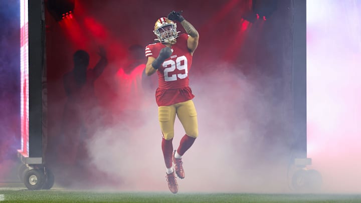 Dec 30, 2024; Santa Clara, California, USA; San Francisco 49ers safety Talanoa Hufanga (29) during the game against the Detroit Lions at Levi's Stadium. Mandatory Credit: Sergio Estrada-Imagn Images