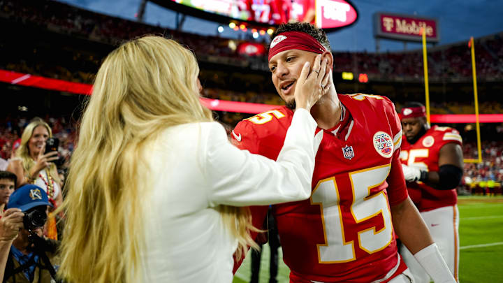 Brittany Mahomes and Kansas City Chiefs quarterback Patrick Mahomes (15) prior to a game against the Detroit Lions at GEHA Field at Arrowhead Stadium.