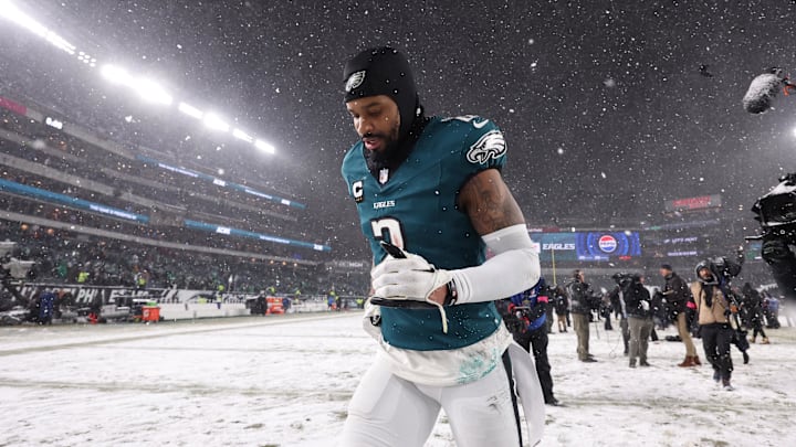 Jan 19, 2025; Philadelphia, Pennsylvania, USA; Philadelphia Eagles cornerback Darius Slay Jr. (2) runs off the field after defeating the Los Angeles Rams in a 2025 NFC divisional round game at Lincoln Financial Field. Mandatory Credit: Bill Streicher-Imagn Images