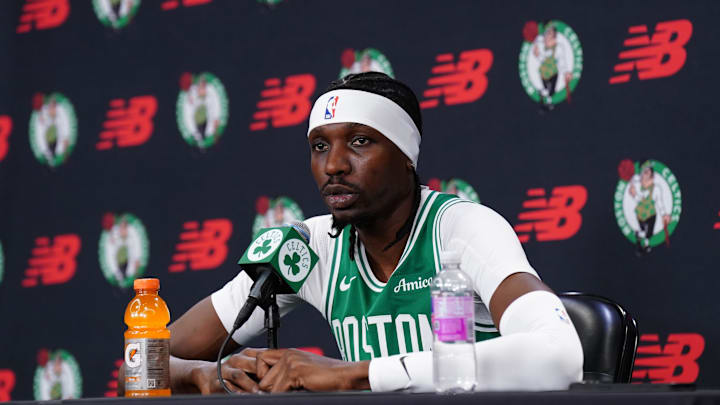 Sep 29, 2025; Boston, MA, USA; Boston Celtics forward Chris Boucher (99) talks with reporters during media day at the Auerbach Center. Mandatory Credit: David Butler II-Imagn Images