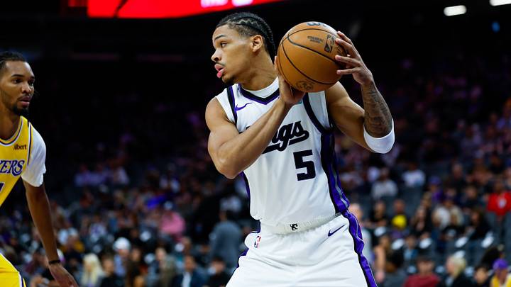 Oct 5, 2026; Sacramento, California, USA; Sacramento Kings guard Darius Acuff Jr. (5) controls the ball during the first quarter against the Los Angeles Lakers at Golden 1 Center. Oct 5, 2026; Sacramento, California, USA; Sacramento Kings guard Darius Acuff Jr. (5) controls the ball during the first quarter against the Los Angeles Lakers at Golden 1 Center.