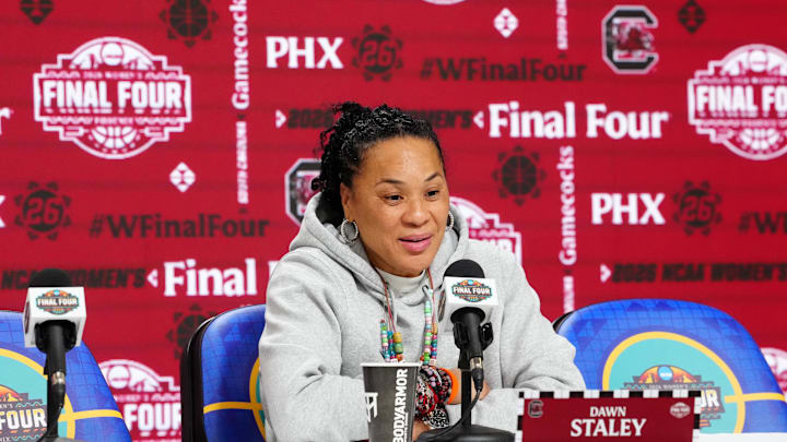 Apr 4, 2026; Phoenix, AZ, USA; South Carolina Gamecocks head coach Dawn Staley at press conference at Mortgage Matchup Center. Mandatory Credit: Kirby Lee-Imagn Images