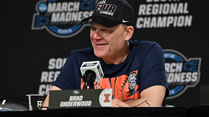 Mar 28, 2026; Houston, TX, USA; Illinois Fighting Illini head coach Brad Underwood speaks in a press conference after defeating the Iowa Hawkeyes in an Elite Eight game of the South Regional of the men's 2026 NCAA Tournament at Toyota Center. Mandatory Credit: Maria Lysaker-Imagn Images