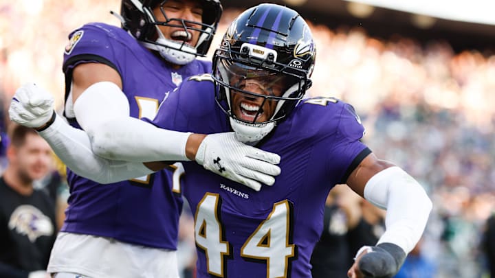 Nov 23, 2025; Baltimore, Maryland, USA; Baltimore Ravens cornerback Marlon Humphrey (44) celebrates after forcing a fumble during the fourth quarter against the New York Jets at M&T Bank Stadium. Mandatory Credit: Peter Casey-Imagn Images
