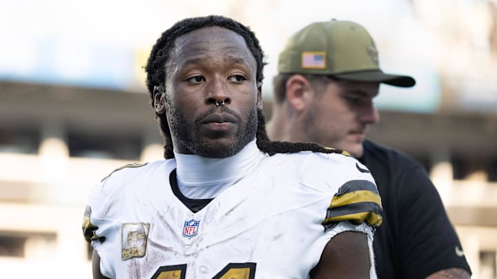 Nov 9, 2025; Charlotte, North Carolina, USA; New Orleans Saints running back Alvin Kamara (41) walks off the field after the game at Bank of America Stadium. Mandatory Credit: Bob Donnan-Imagn Images