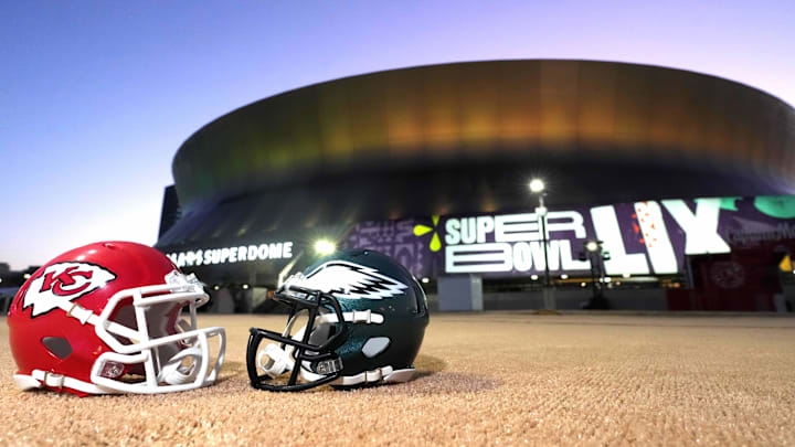 Feb 7, 2025; New Orleans, LA, USA; A general overall view of Kansas City Chiefs and Philadelphia Eagles helmets at the Caesars Superdome, the site of the Super Bowl LIX between the Kansas City Chiefs and the Philadelphia Eagles. Mandatory Credit: Kirby Lee-Imagn Images