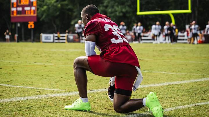 Washington Commanders safety Jeremy Reaves takes a breather at Commanders Training Camp in Ashburn, Virginia. Washington Commanders safety Jeremy Reaves takes a breather at Commanders Training Camp in Ashburn, Virginia.
