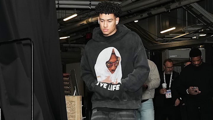Apr 9, 2025; Toronto, Ontario, CAN; Charlotte Hornets guard KJ Simpson (25) arrives at the Scotiabank Arena before a game against the Toronto Raptors. Mandatory Credit: Nick Turchiaro-Imagn Images