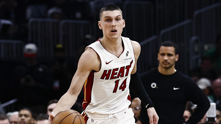 Dec 2, 2024; Boston, Massachusetts, USA; Miami Heat guard Tyler Herro (14) brings the ball up court against the Boston Celtics during the second half at TD Garden. Mandatory Credit: Winslow Townson-Imagn Images Dec 2, 2024; Boston, Massachusetts, USA; Miami Heat guard Tyler Herro (14) brings the ball up court against the Boston Celtics during the second half at TD Garden. Mandatory Credit: Winslow Townson-Imagn Images