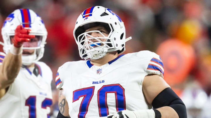 Jan 26, 2025; Kansas City, MO, USA; Buffalo Bills offensive tackle Alec Anderson (70) against the Kansas City Chiefs during the AFC Championship game at GEHA Field at Arrowhead Stadium. 