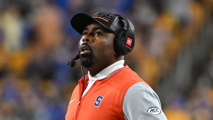Oct 24, 2024; Pittsburgh, Pennsylvania, USA; Syracuse Orange head coach Fran Brown reacts against the Pittsburgh Panthers during the third quarter at Acrisure Stadium. Mandatory Credit: Barry Reeger-Imagn Images
