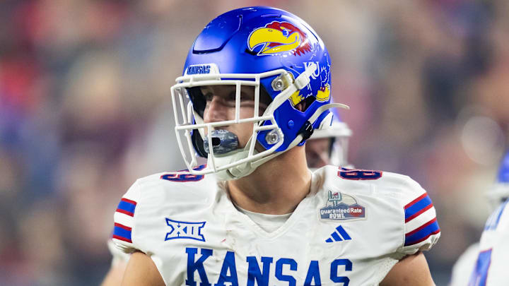 Dec 26, 2023; Phoenix, AZ, USA; Kansas Jayhawks tight end Mason Fairchild (89) against the UNLV Rebels in the Guaranteed Rate Bowl at Chase Field. Mandatory Credit: Mark J. Rebilas-USA TODAY Sports