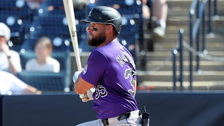 Mar 30, 2025; Tampa, Florida, USA; Tampa Bay Rays right field Nick Martini (35) singles during the ninth inning against the Colorado Rockies at George M. Steinbrenner Field. Mandatory Credit: Kim Klement Neitzel-Imagn Images