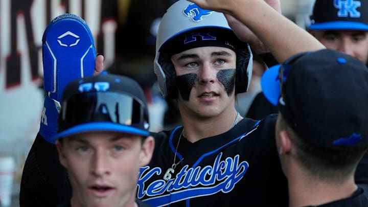 KentuckyÕs Tyler Bell (6) celebrates after scoring a run during a NCAA baseball game against Georgia on March 14, 2025.