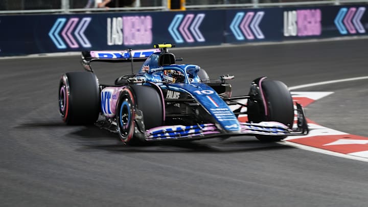 Nov 17, 2023; Las Vegas, Nevada, USA;   BWT Alpine F1 driver Pierre Gasly (10) of France drives during the qualifiers at the Las Vegas Strip Circuit. Mandatory Credit: Lucas Peltier-USA TODAY Sports