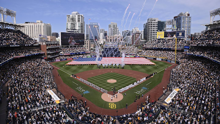 Mar 28, 2024; San Diego, California, USA; A general view of at Petco Park during the playing of the national anthem before the game between the San Diego Padres and the San Francisco Giants. Mandatory Credit: Orlando Ramirez-Imagn Images