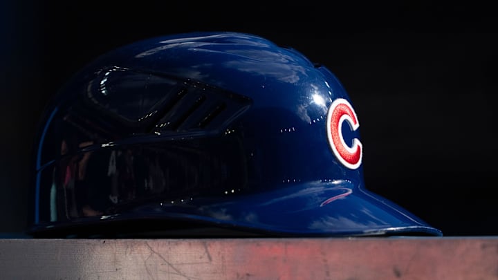 Aug 12, 2023; Toronto, Ontario, CAN; A Chicago Cubs helmet rests on the dugout during a MLB game against the Toronto Blue Jays at Rogers Centre. Mandatory Credit: Kevin Sousa-Imagn Images