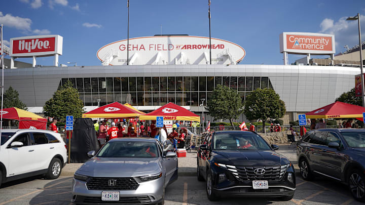 Sep 5, 2024; Kansas City, Missouri, USA; Kansas City Chiefs fans tailgate in the parking lots prior to a game against the Baltimore Ravens at GEHA Field at Arrowhead Stadium. Mandatory Credit: Denny Medley-Imagn Images
