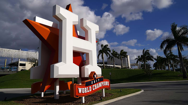 Mar 9, 2021; West Palm Beach, Florida, USA; A general view of the Houston Astros logo statue outside of The Ballpark of the Palm Beaches prior to the spring training game between the Houston Astros and the Washington Nationals.