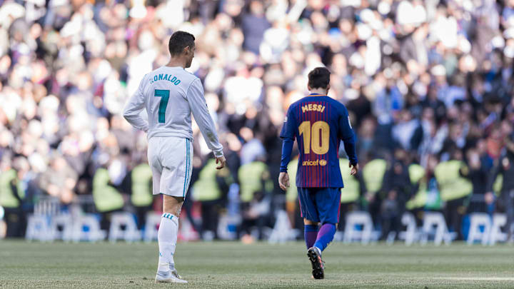Cristiano Ronaldo, 7, and Lionel Messi, 10, during a La Liga match between CR7's Real Madrid and Messi's Barcelona during the 2017-18 season.