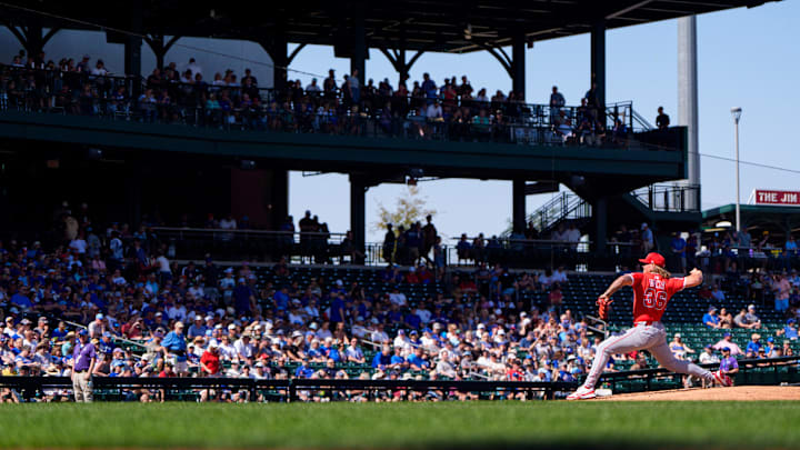 Feb 27, 2025; Mesa, Arizona, USA; Los Angeles Angels pitcher Caden Dana (36) comes in to start in the first inning during a spring training game against the Chicago Cubs at Sloan Park. Mandatory Credit: Allan Henry-Imagn Images