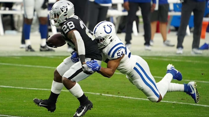 Dec 13, 2020; Paradise, Nevada, USA; Las Vegas Raiders running back Josh Jacobs (28) is defended by Indianapolis Colts middle linebacker Anthony Walker (54) in the second quarter at Allegiant Stadium. Mandatory Credit: Kirby Lee-Imagn Images