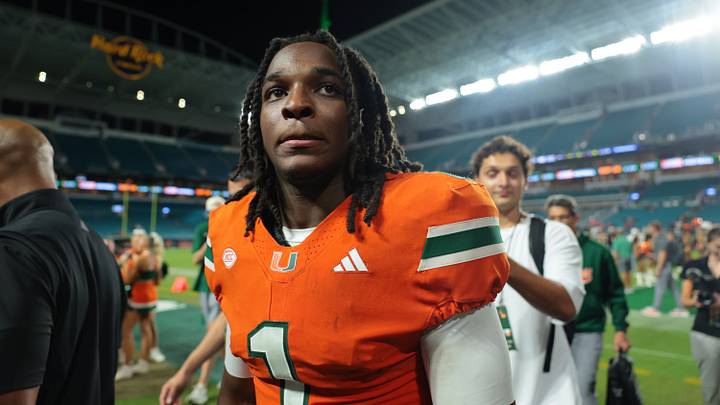 Sep 10, 2026; Miami Gardens, Florida, USA;  Miami Hurricanes wide receiver Malachi Toney (1) looks on after defeating the against the Florida A&M Rattlers at Hard Rock Stadium.  Mandatory Credit: Sam Navarro-Imagn Images