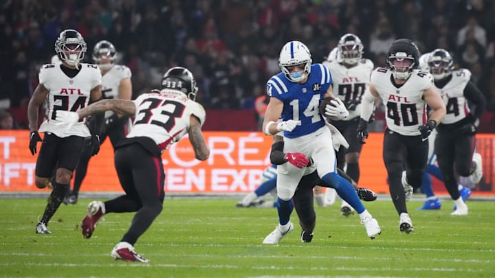 Nov 9, 2025; Berlin, Germany; Indianapolis Colts wide receiver Alec Pierce (14) runs after a catch against the Atlanta Falcons during the NFL Berlin Game at Olympic Stadium. Mandatory Credit: Kirby Lee-Imagn Images