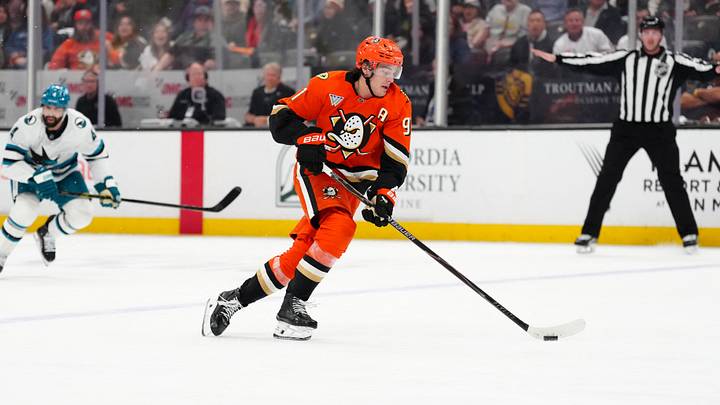 Apr 9, 2026; Anaheim, California, USA; Anaheim Ducks center Leo Carlsson (91) skates with the puck against the San Jose Sharks in the second period at Honda Center. Mandatory Credit: Kirby Lee-Imagn Images